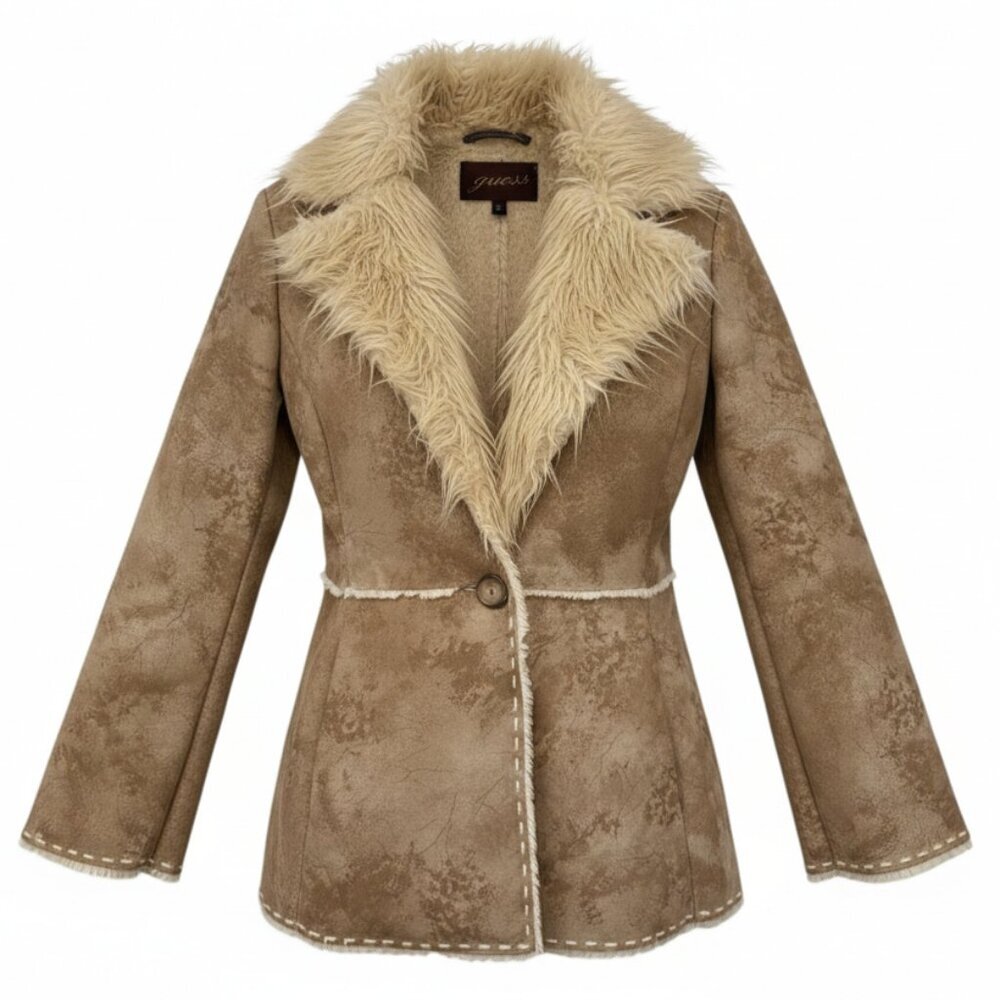 Guess Suede-Look Faux Shearling Jacket in Tan